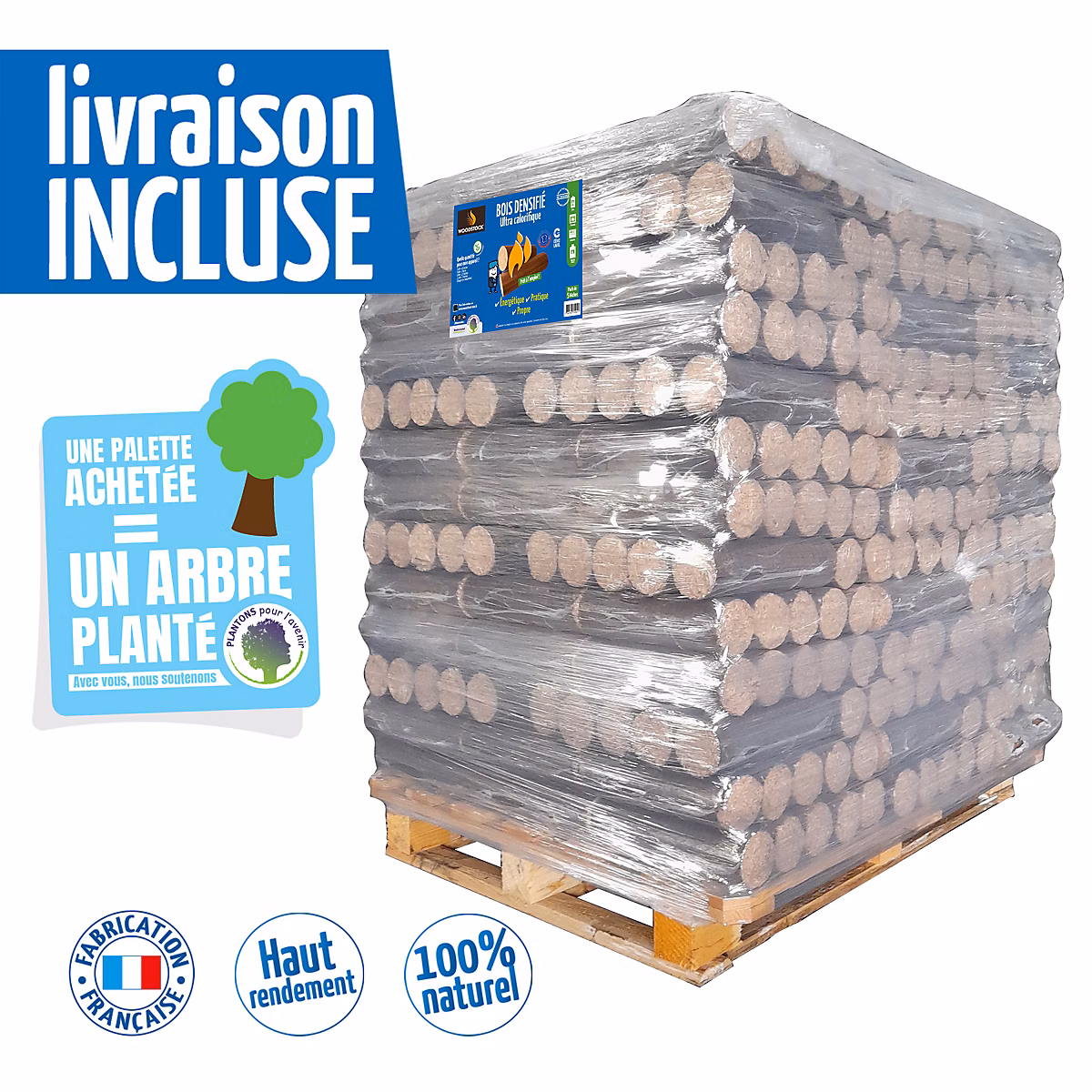 Bûche densifiées Woodstock 104 packs de 5 (1 palette) – Prêt à l'emploi ≤ 10 %