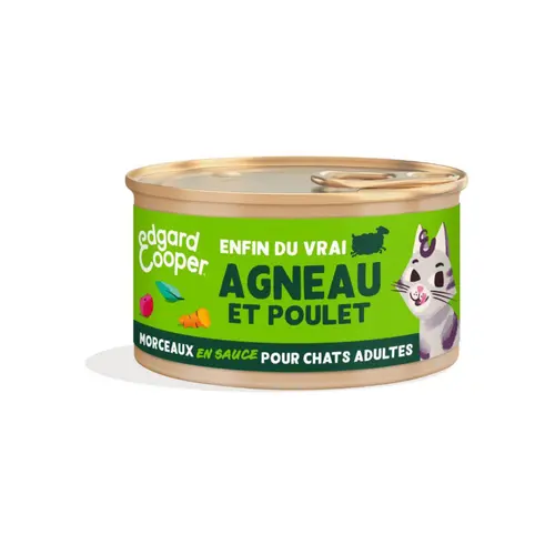 À avoir au jardin：Pâtée pour chat adulte à l'agneau et au poulet morceaux en sauce sans céréales Edgard & Cooper - 85 g