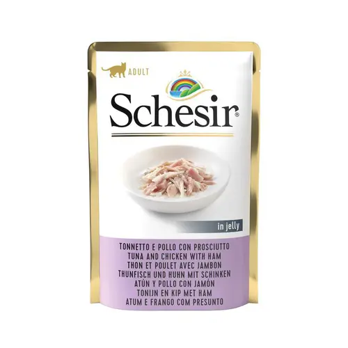 Choix utile：Aliment humide pour chat thon et poulet avec jambon sachet en gelée Schesir - 85 g