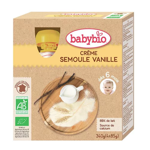Au service de votre jardin：Gourde Crème Semoule Vanille bio dès 6 mois - 4 x 85 gr