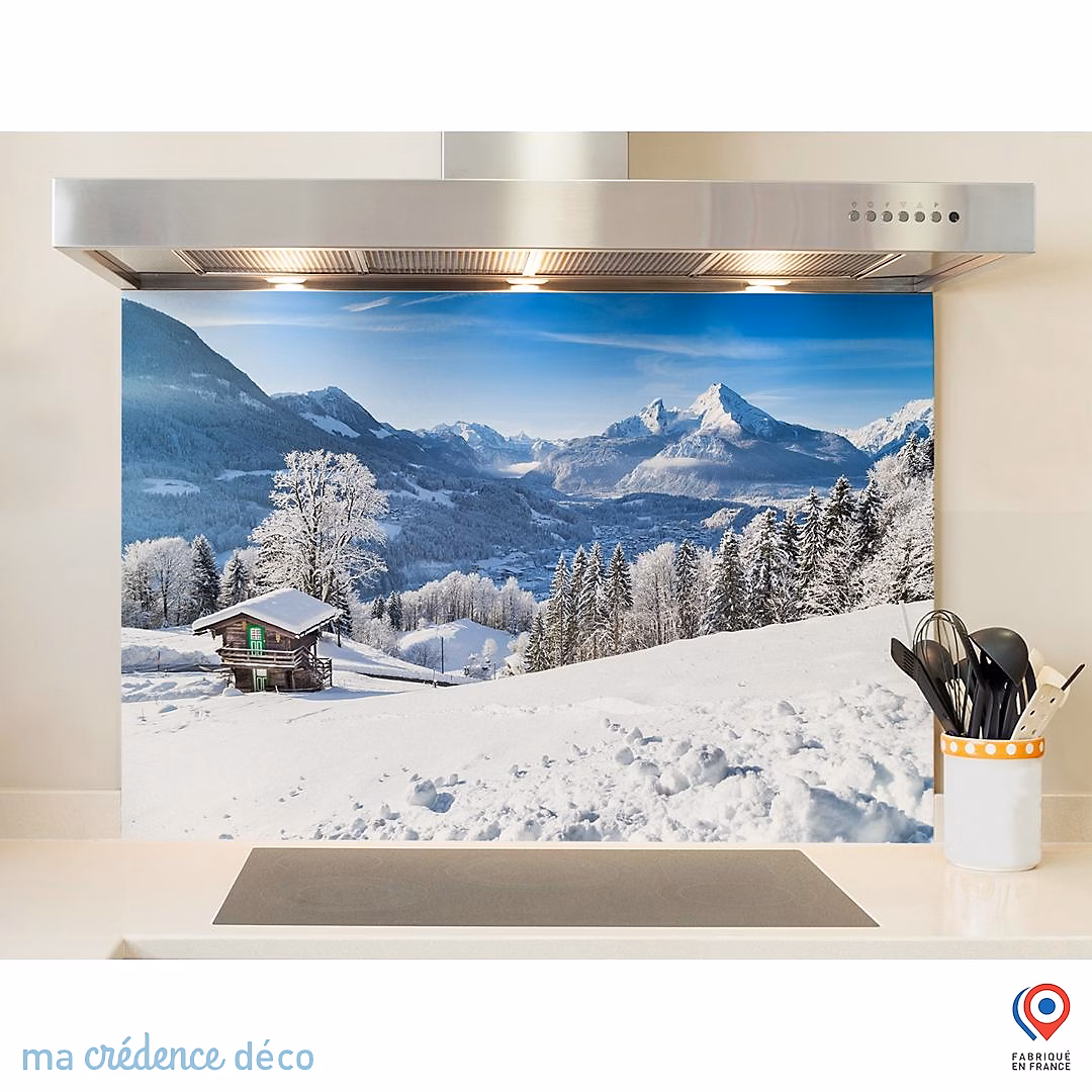 Crédence cuisine fond de hotte Montagnes enneigées – Verre trempé, L 90 cm x H 50 cm, MaCrédenceDéco