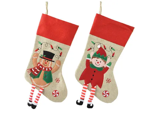 Déco jardin:Chaussette à suspendre beige et rouge en polyester avec personnage - 40 x 25 cm
