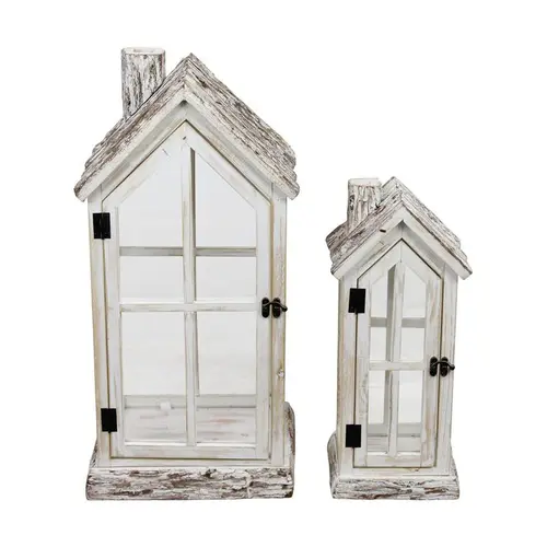 Utile jardin:Lanterne en bois de sapin forme maison blanche avec verre petit modèle - 18 x 15 x 42 cm