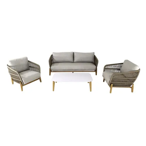Équipement jardin:Salon de jardin en aluminium et résine coloris beige Barbara - 4 éléments (canapé, table basse et deux fauteuils)