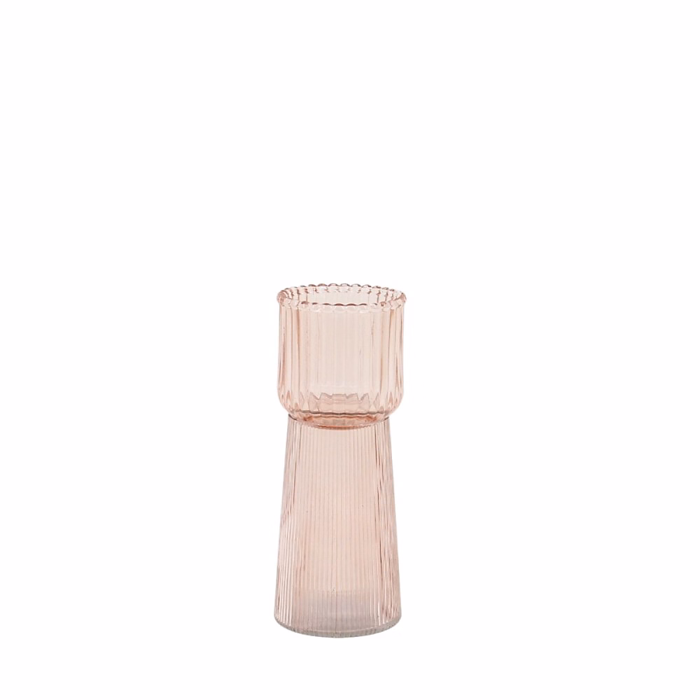 Bougeoir en verre strié rose 19cm – Réf. IERLZPMZD6465825791