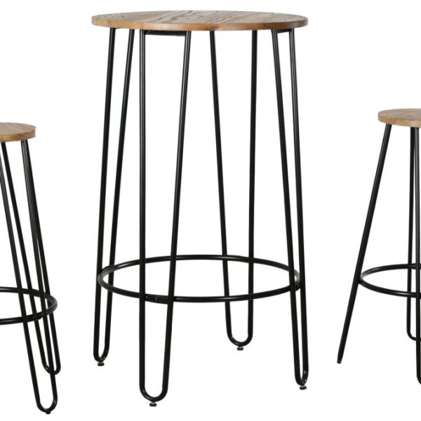 Ensemble table haute et tabourets en métal et bois d'orme huilé