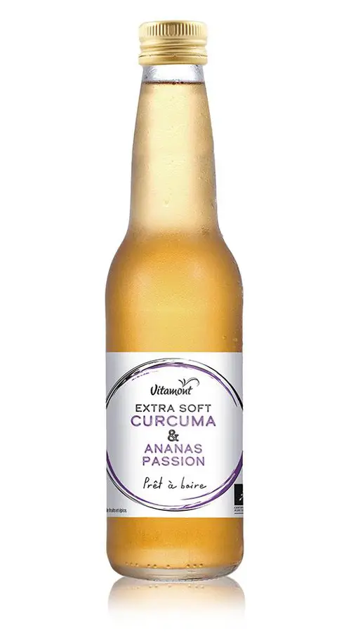 Déco pour le jardin：Boisson bio Extra Soft curcuma et ananas passion Vitamont – 33 cl