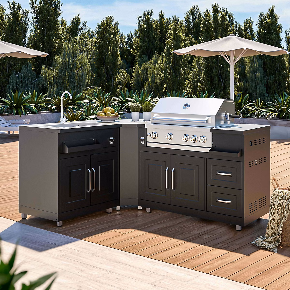 Cuisine extérieure en métal avec 3 modules évier et barbecue Oviala – Réf. HLBQGACCB4435204726