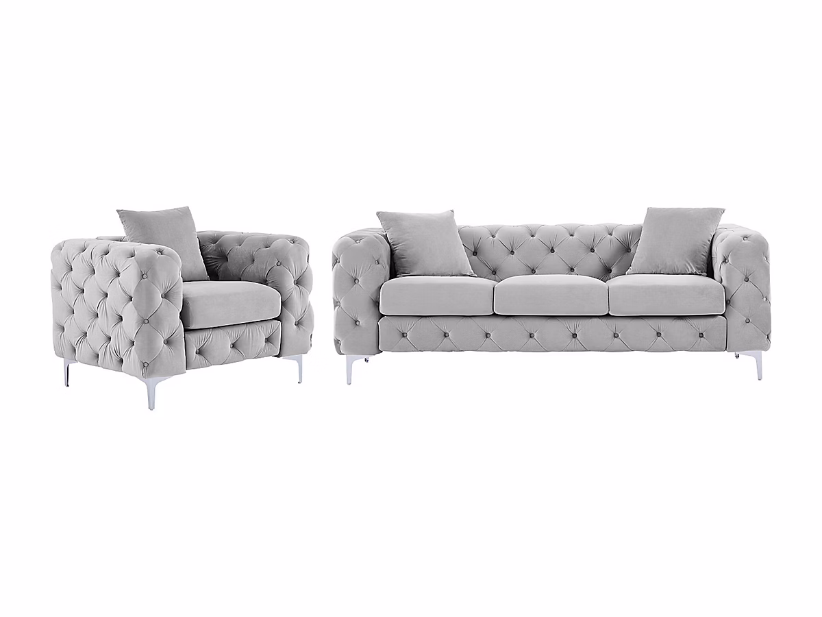 Canapé 3 places et fauteuil en velours gris clair EDWINA – Réf. GFYYYGEMX1316722606