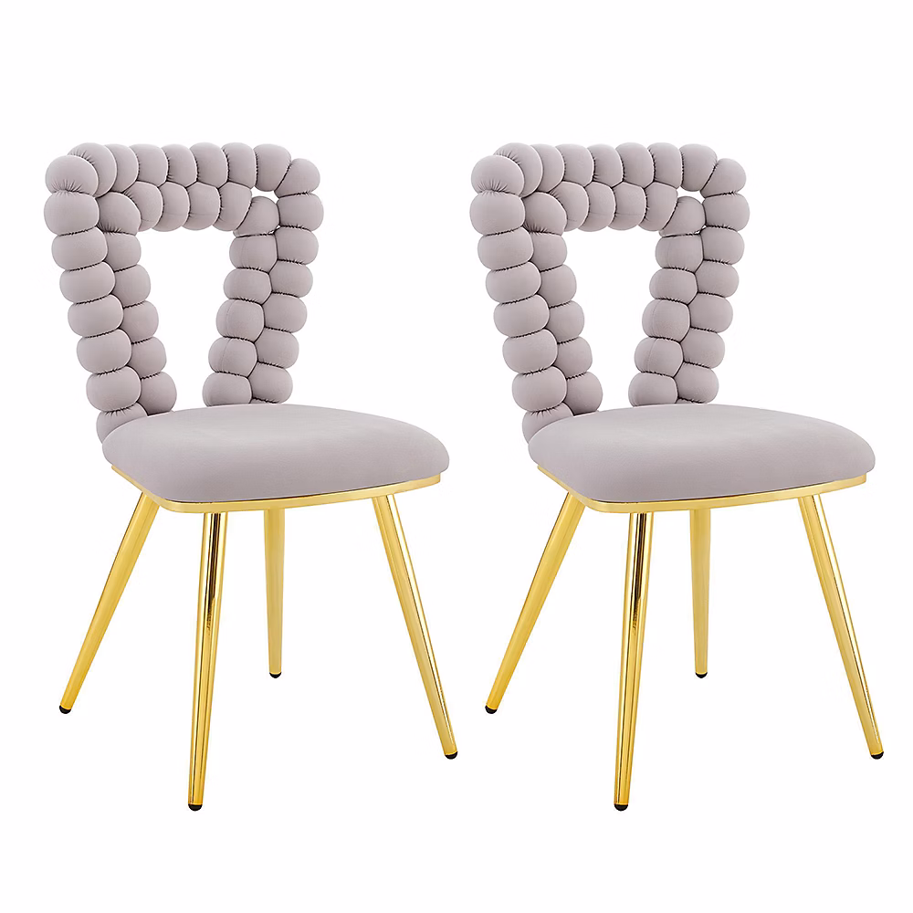 2 Chaises Velours Gris Clair – Dossier Triangulaire, Pieds Dorés