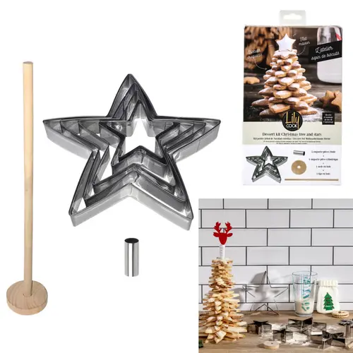 Style pour le jardin:Coffret dessert avec emporte pièces étoiles et cylindre pour sapin avec socle en bois