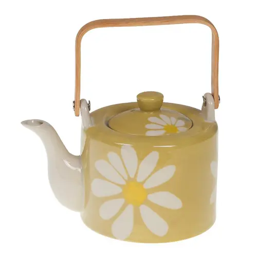 Une sélection pour le jardin:Théière avec infuseur en grès jaune à fleurs et anse bambou Daisy - 19 x 18 x 12 cm