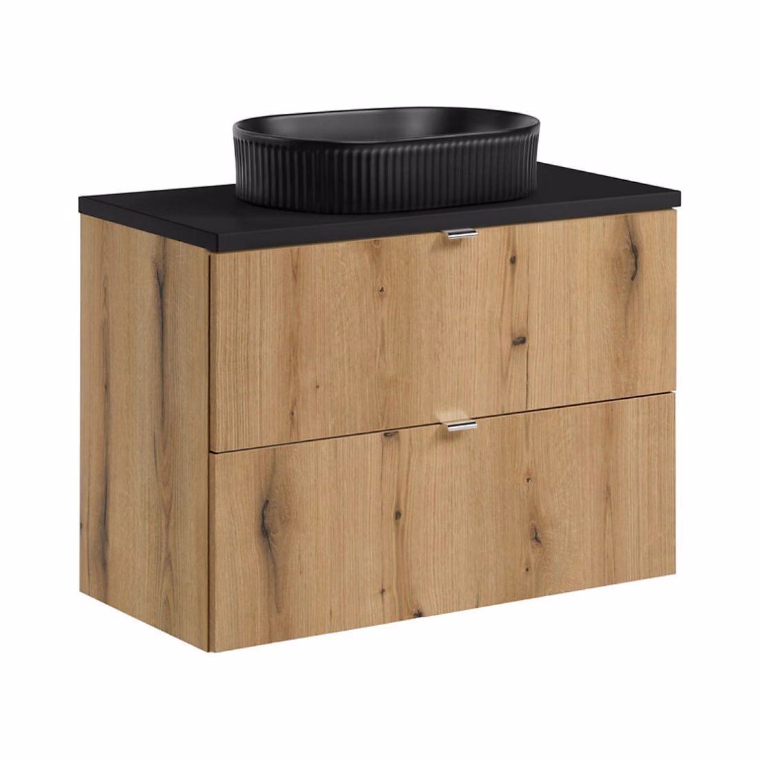 Ensemble VANO aspect chene et noir 80cm : meubles sous vasque à tiroirs et plan pour vasque et vasque à poser rainurée noire – Réf. MVRWXDOAW1550663880