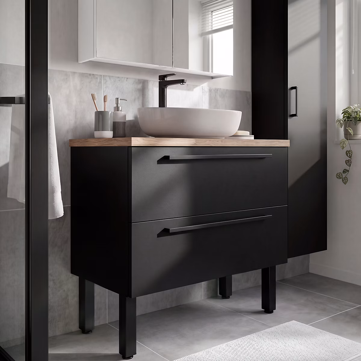 Meuble sous vasque suspendu noir mat l.100 cm 2 tiroirs Imandra + plan de toilette en chêne massif Hartland – GoodHome