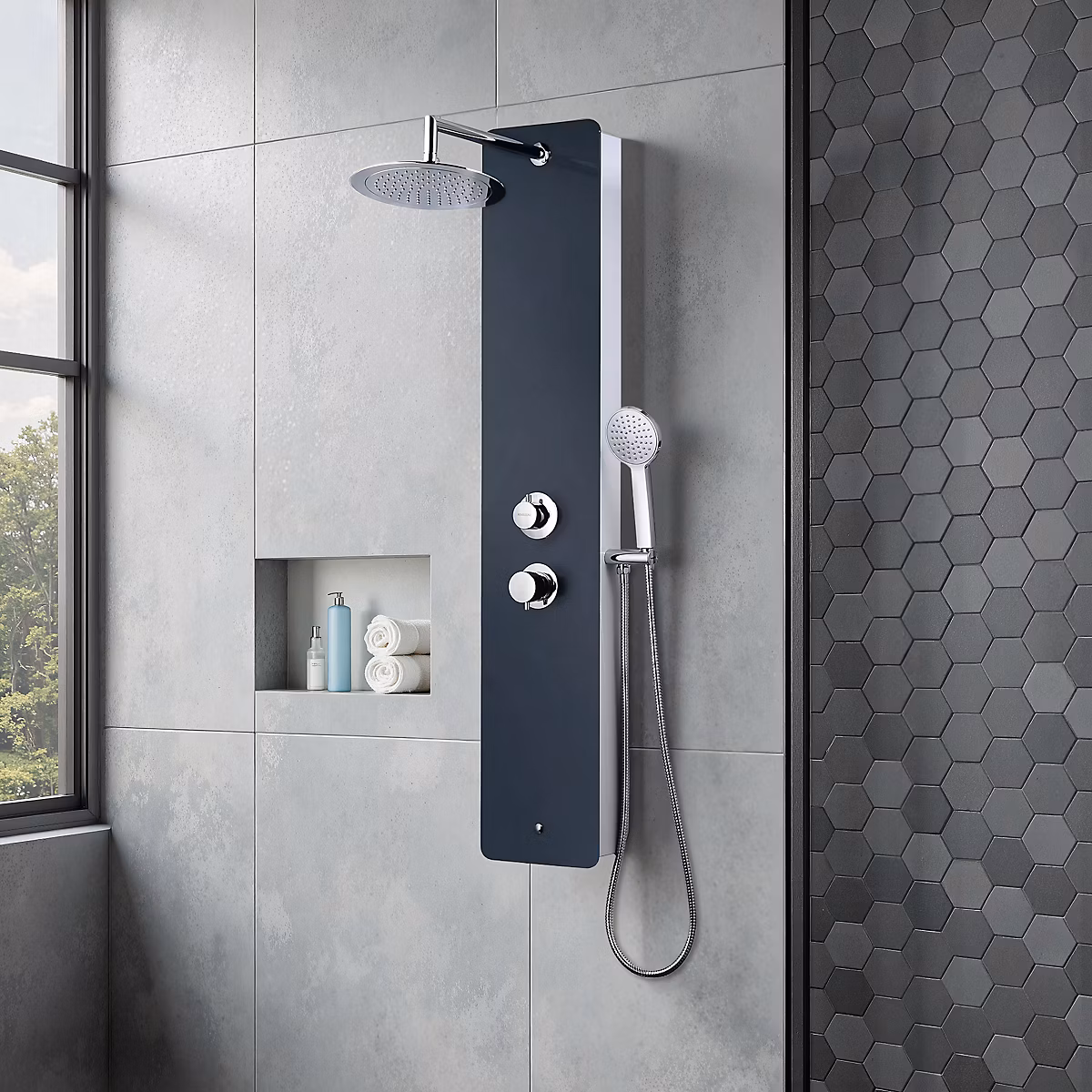 Colonne de douche mécanique avec pommeau + douchette 1 jet + flexible – gris anthracite, Edouard Rousseau Eris