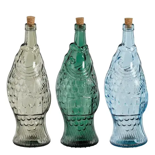 Pour vos espaces verts:Bouteille forme poisson en verre recyclé avec bouchon - Ø 12 x H 33 cm