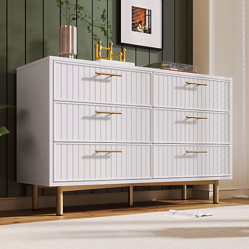 Commode décorée de rayures verticales – 6 tiroirs, Blanc