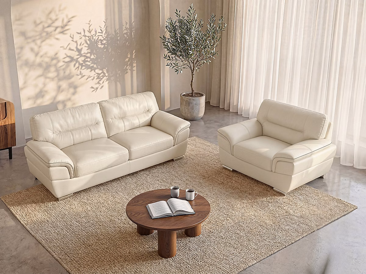 Canapé 3 places et un fauteuil en cuir THIBAULT – Ivoire