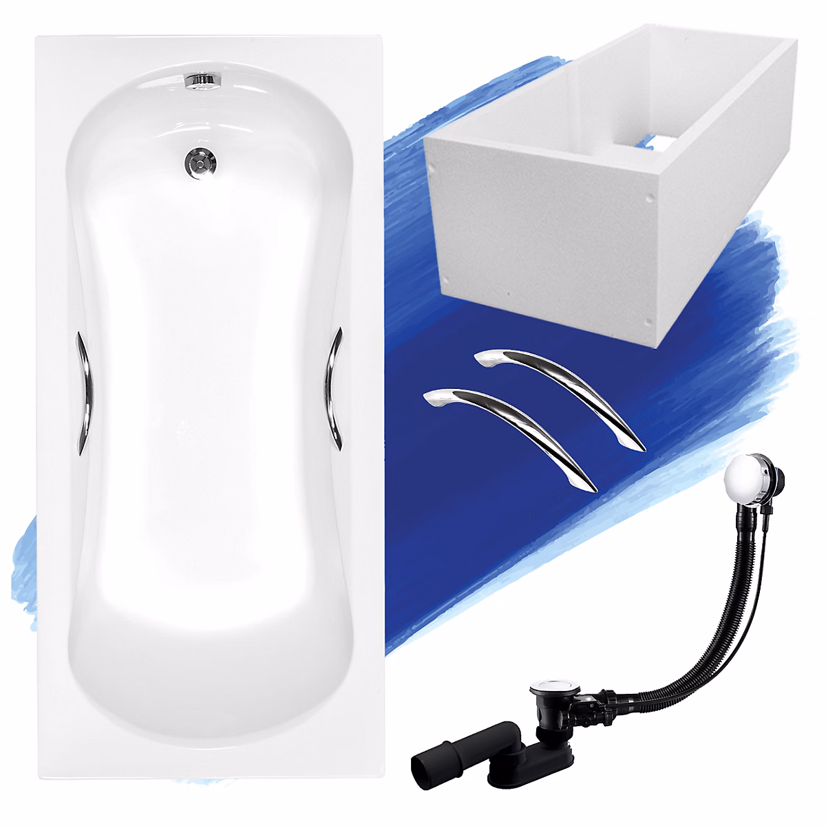 Baignoire rectangulaire 140x70 ARIA PLUS acrylique blanc + Support stabilisateur en polystyrène + Poignées +Pieds +Vidage à chromé | Baignoire