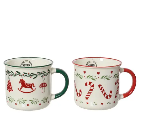 Pour vos moments en extérieur：Mug blanc en porcelaine à motifs Noël rouges et verts et anse colorée - Ø 10,4 x H 8,5 cm