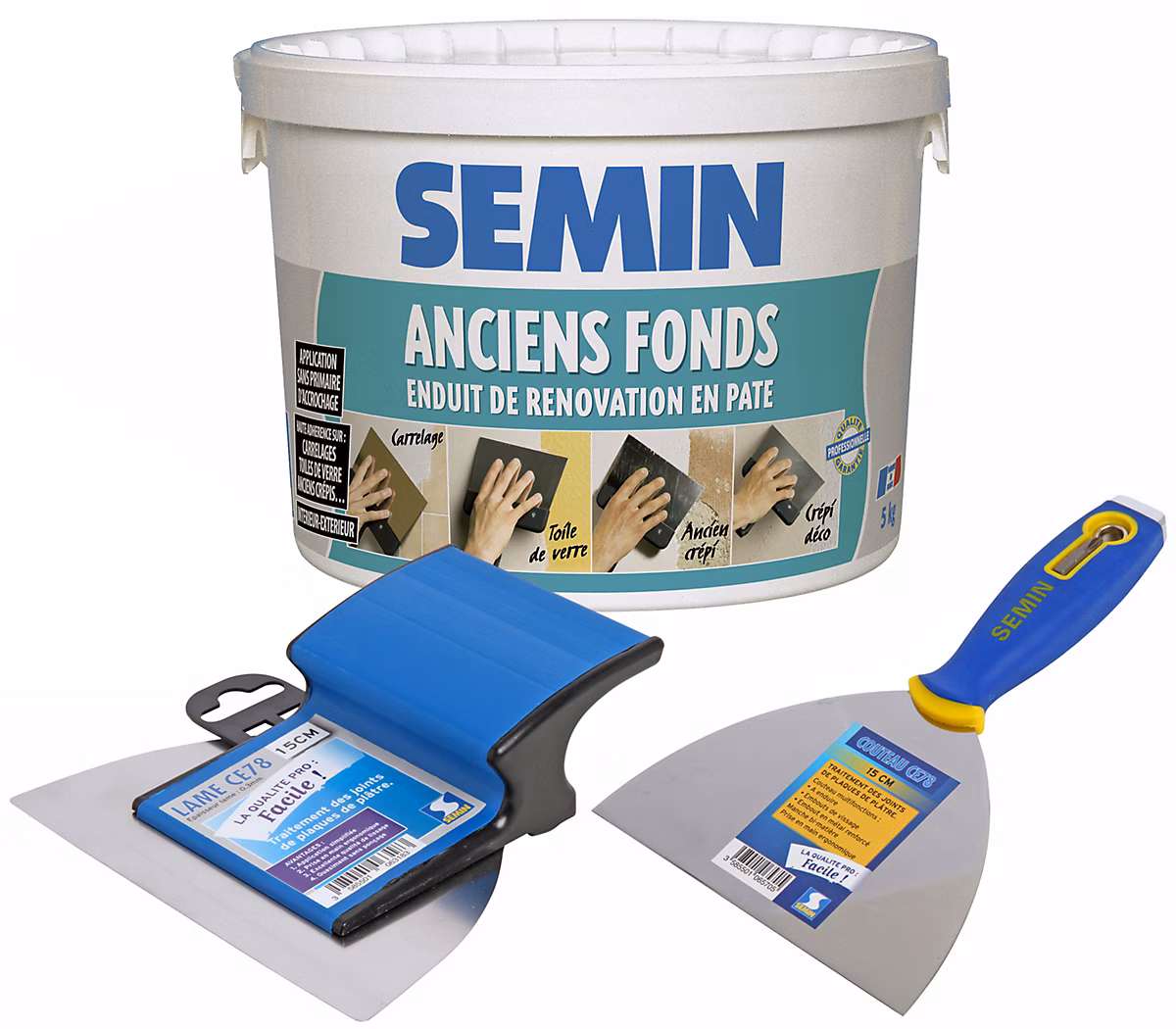 Enduit de Rénovation pour les Supports Irréguliers Semin Anciens Fonds – Seau de 5 kg, Couteau, 15 cm et Lame à Lisser, 15 cm