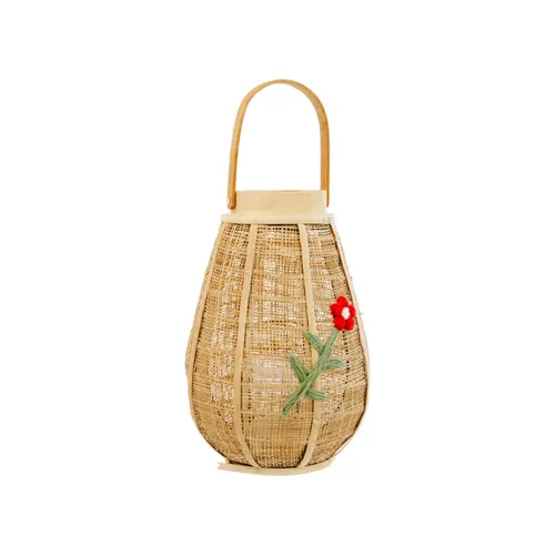 Un plus pour vos extérieurs:Lanterne en toile de jute marron avec motif fleur rouge - Ø 24 x H 35 cm