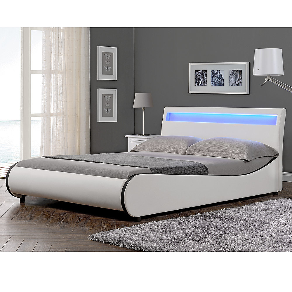 Cadre de lit double Valencia à LED 180 × 200cm cuir synthétique avec sommier à lattes blanc Corium