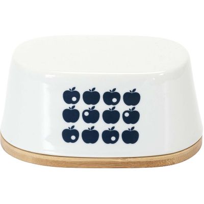 Beurrier en porcelaine plateau en bambou Rétro (Blanc et bleu)