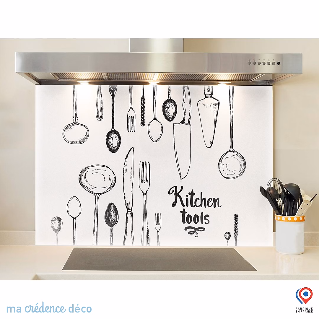 Crédence cuisine fond de hotte Ustensiles de cuisine – Verre trempé, L 90 cm x H 70 cm, MaCrédenceDéco