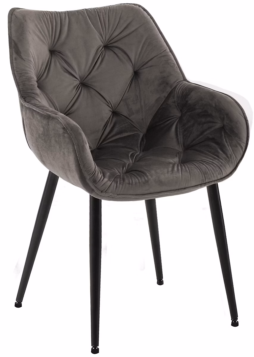 Chaise Velours Tanna – Rétro Accoudoirs, Piètement Métal Noir, Boutons Décoratifs Chics Anthracite