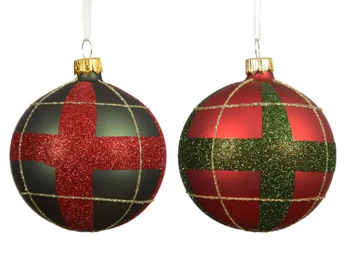 Vie extérieure:Boule en verre mate Christmas red et pine green avec décor carreaux - Ø 8 cm