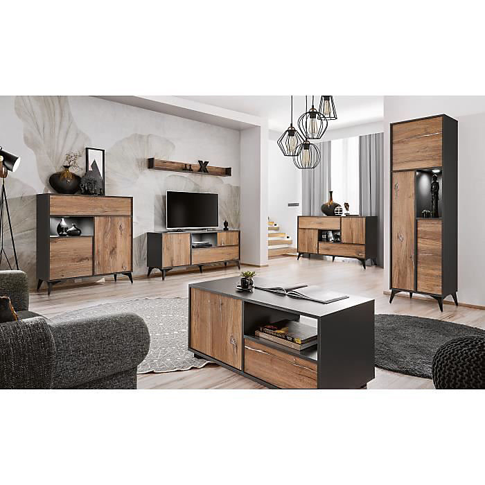 Collection de Meubles de Salon Orvieto Komodee – LEDs blanches, Chene Bijoux & Anthracite, Facades en Mat