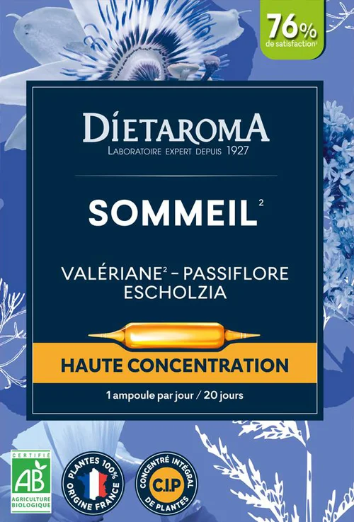 Essentiel extérieur：Complément alimentaire valériane, passiflore, escholtzia CIP bio Dietaroma sommeil - 20 ampoules x 10 ml