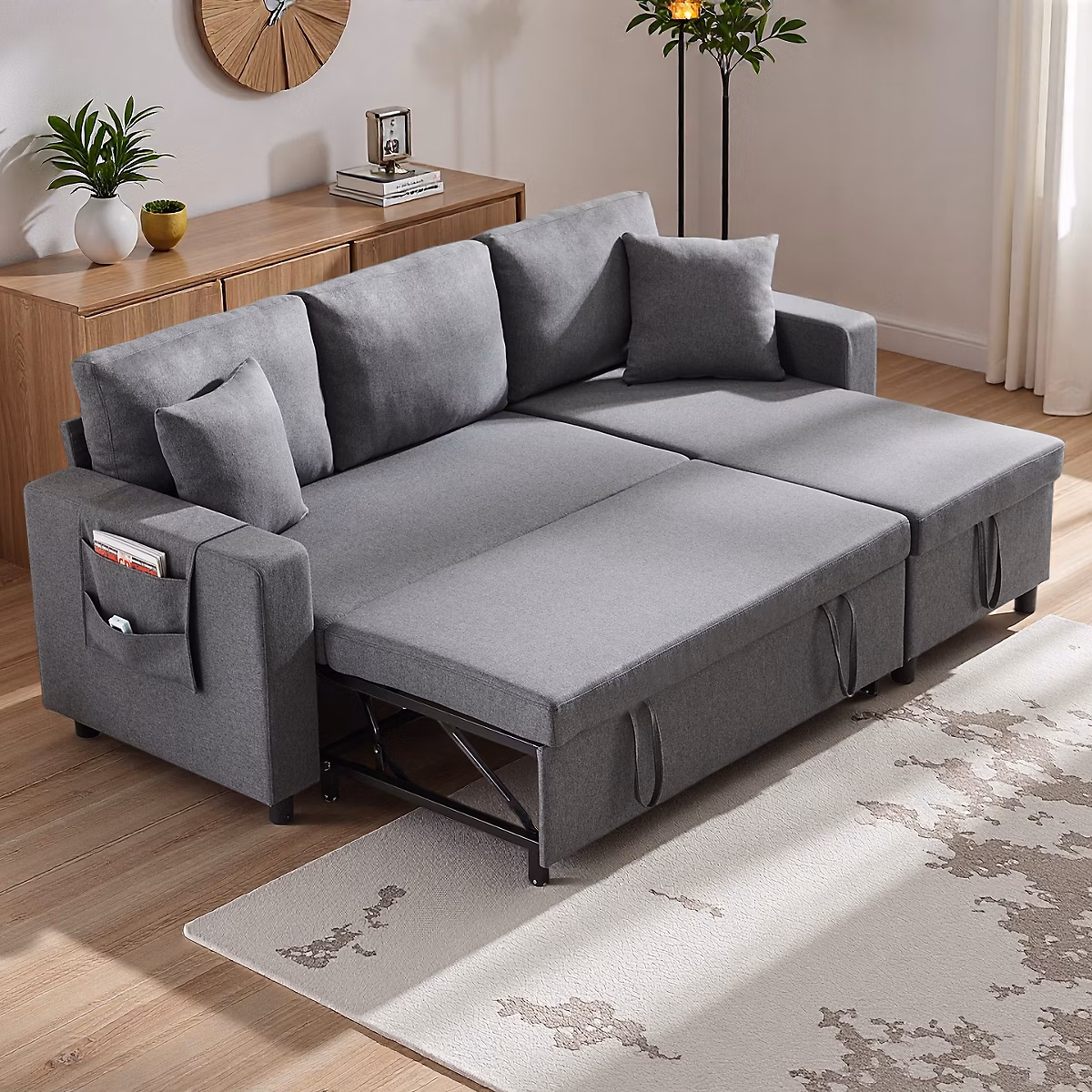 Canapé convertible 3 places avec rangement – canapé d'angle en L | méridienne gauche/droite interchangeable | lin | Gris foncé
