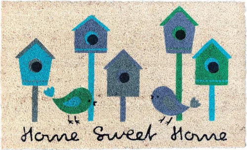 Extérieur durable：Tapi brosse coco beige imprimé maisons à oiseaux bleu Sweetsol - 75 x 45 cm