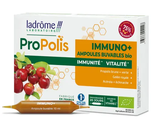 Pour plus de confort à l’extérieur:Ampoules buvables bio immunité et vitalité à la propolis Ladrôme Immuno+ – 20 x 10 ml