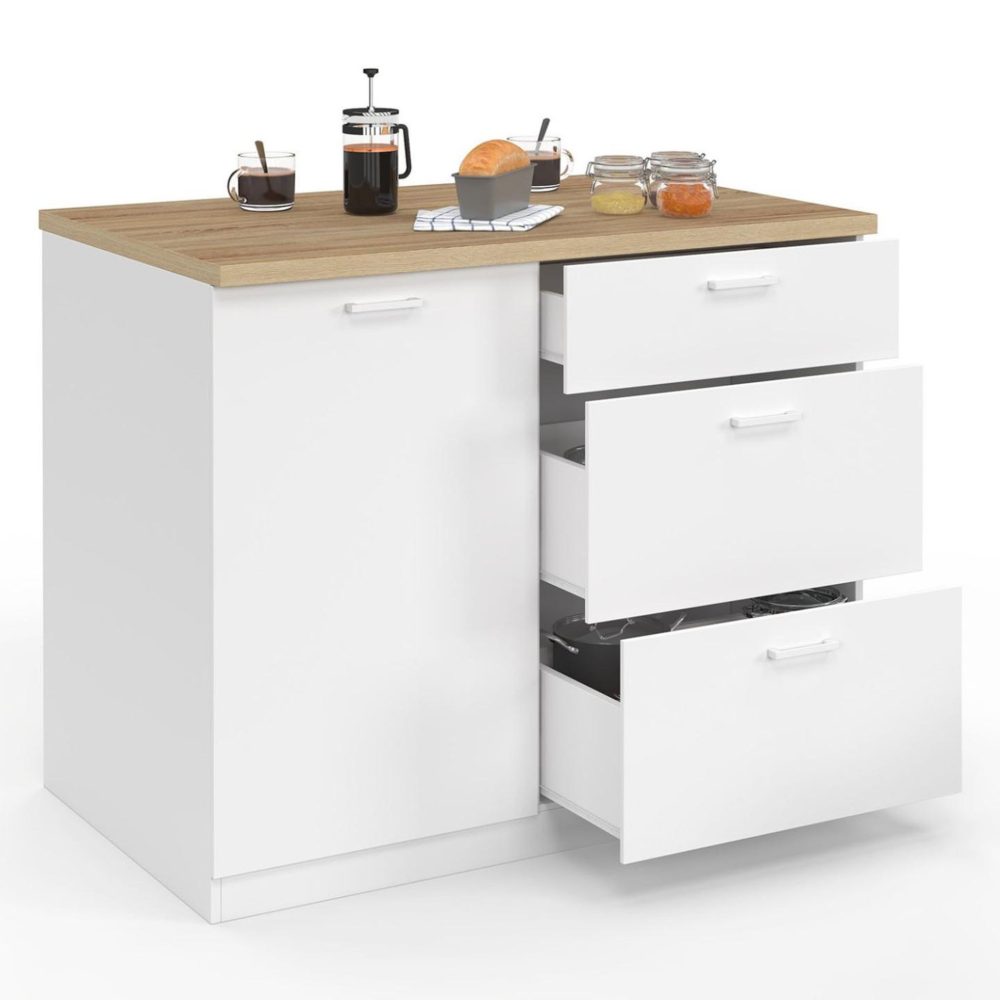 ID MARKET Ilot central tibo 110 cm casserolier 3 tiroirs bois blanc avec plan de travail façon hêtre – Mobilier de jardin