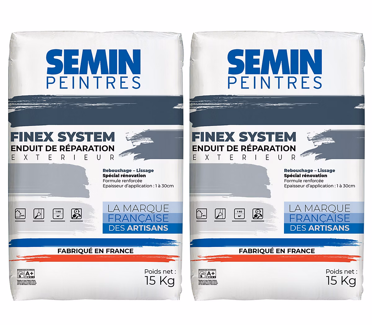 Enduit de réparation Semin Reboucheur – Extérieur, en Poudre, sac de 15 kg, Lot de 2
