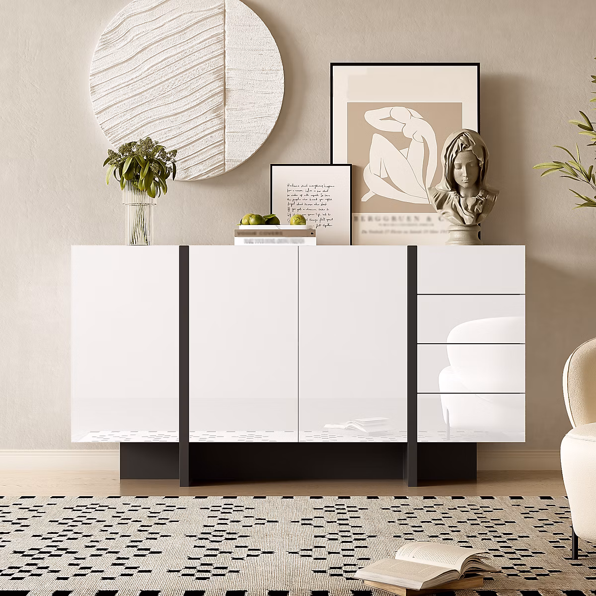Buffet 150 cm en blanc brillant et noir avec 2 portes et 4 tiroirs – Réf. GBWSHTKNK0048251478