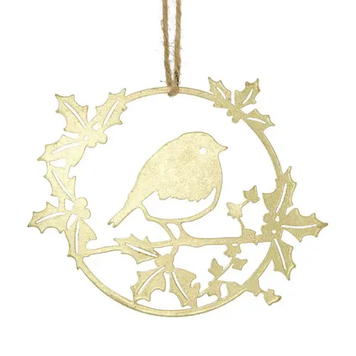 Une solution adaptée au jardin：Décoration ronde à suspendre en métal doré oiseau - 18 x 14 cm