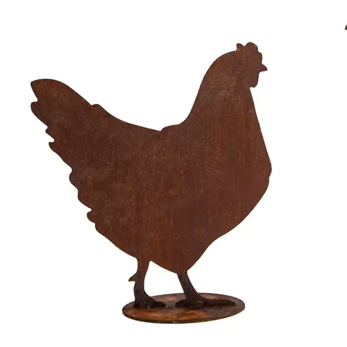 Jardin solution：Poule décorative coloris marron en métal rouillé - 34 x 39 cm