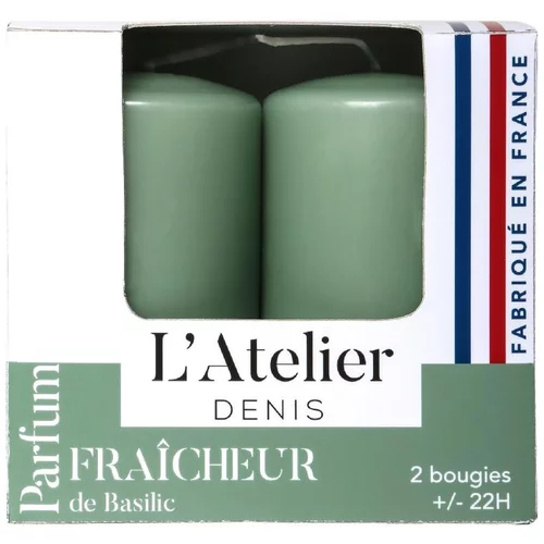 Une solution adaptée à l’extérieur：Bougies cylindriques vert parfum fraîcheur basilic L’Atelier de Denis - L’étui de 2