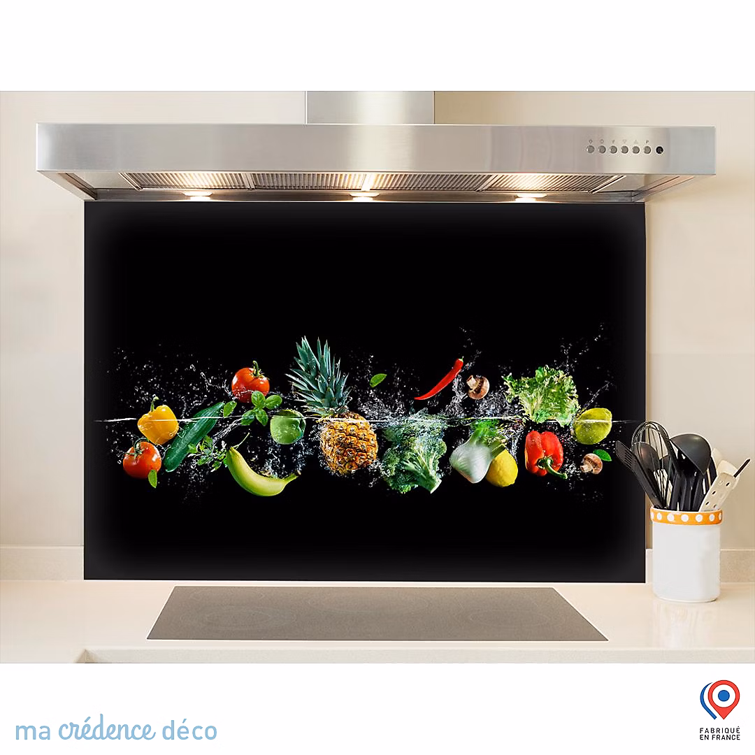 Crédence cuisine fond de hotte Bain de fruits et légumes – Verre trempé, L 90 cm x H 70 cm, MaCrédenceDéco