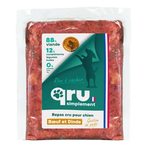 Pour vos projets jardin:Aliment cru pour chien repas haché bœuf et dinde Qru Simplement congelé - 900 g