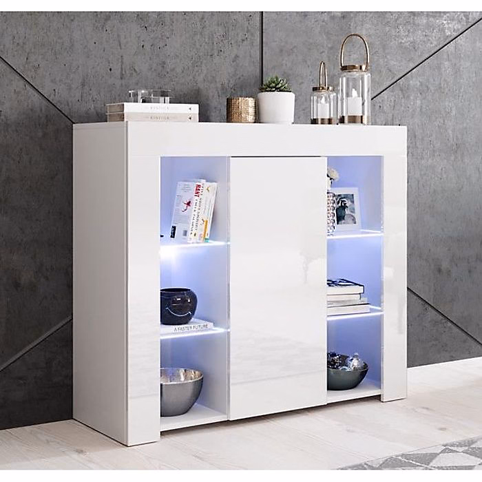 Buffet bas contemporain – Blanc brillant, Mélamine, LED bleues, 1 porte, 94 × 35 × 83 cm