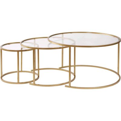 Ensemble de 3 tables gigognes rondes en métal et verre Aurum (Doré verre transparent)