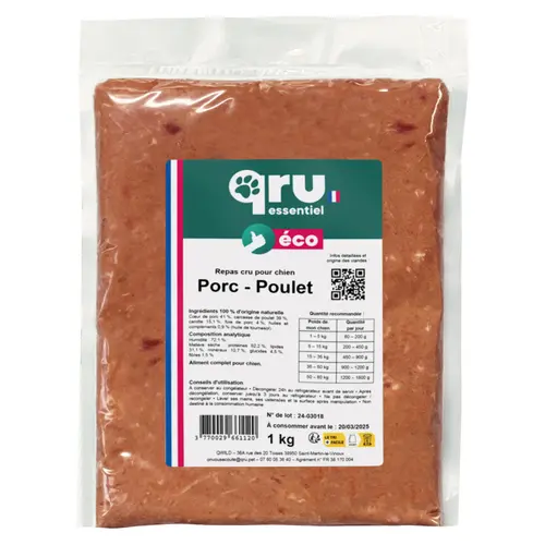 Une solution pratique pour le jardin：Aliment cru pour chien repas porc Qru Essentiel congelé - 1 kg