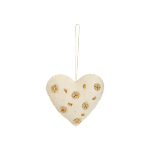 Style pour le jardin:Décoration à suspendre forme cœur en feutrine blanc et motifs beige - 4 x 4 cm