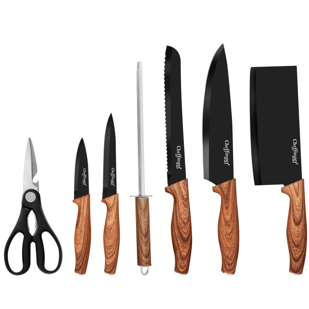 Cheffinger Set de Couteaux 7 Pièces Manches Aspect Bois avec Support Noir – Aménagement du jardin