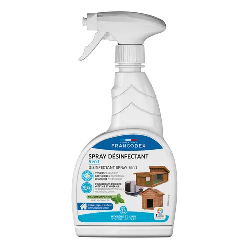 Pour la maison et l’extérieur:Spray désinfectant 5 en 1 pour l'environnement des animaux coloris blanc Francodex – 750 ml
